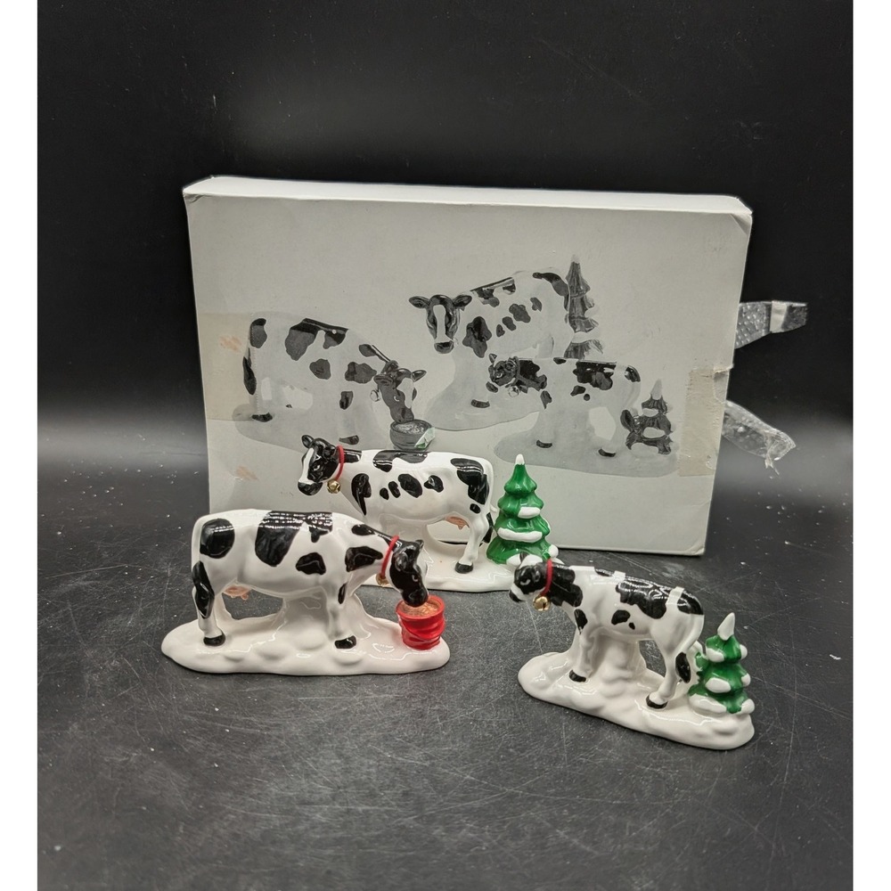 Vintage Ceramic Cow Figurines Set 3 Piece Winter Farm Christmas Village Decor